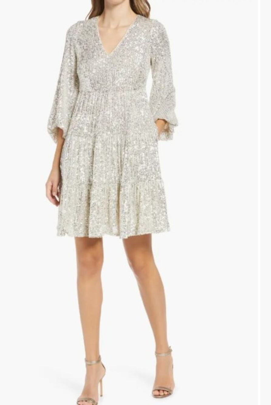Eliza J Balloon Sleeve Sequin Skater Tiered V-Neck Dress In Silver Size 2 NWT